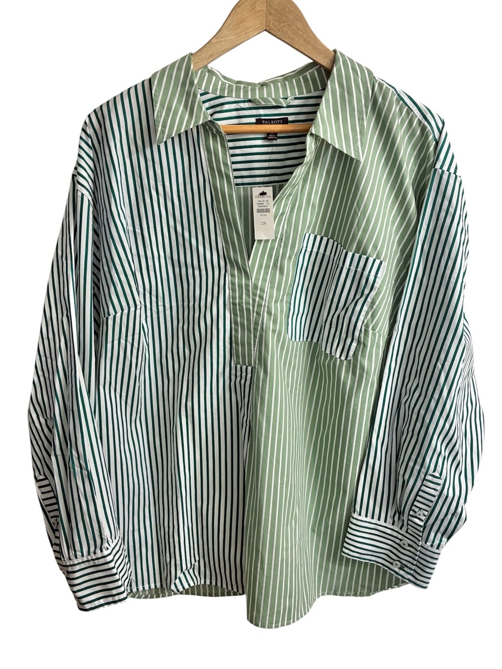 NWT Talbots 2X Poplin Tailored Top Stripe Green White New Button Up